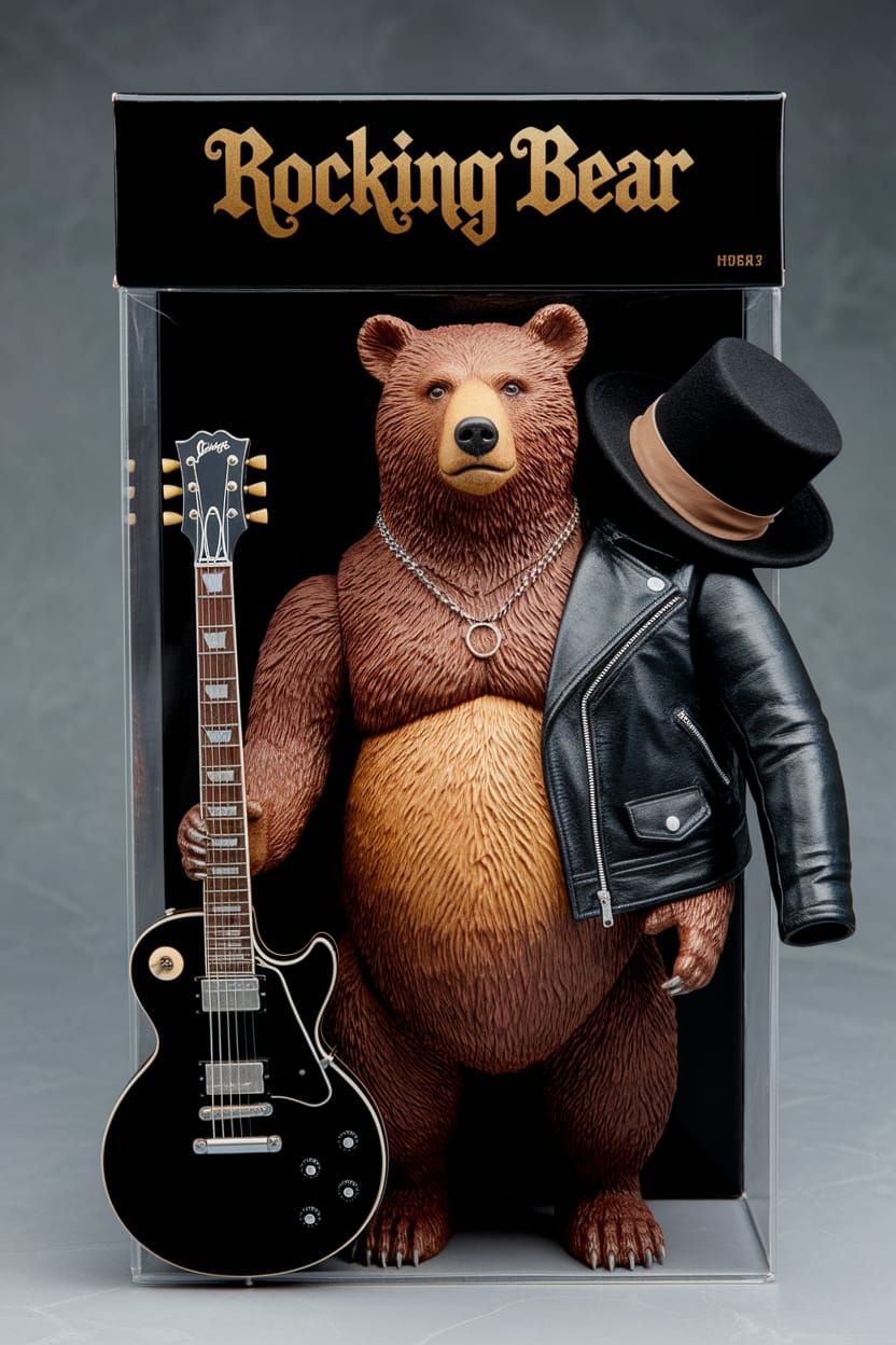 A collectible action figure of an very realistic anthropomorphic rocker bear in a plastic wrapping. He ...  by @Sergio Ortiz
