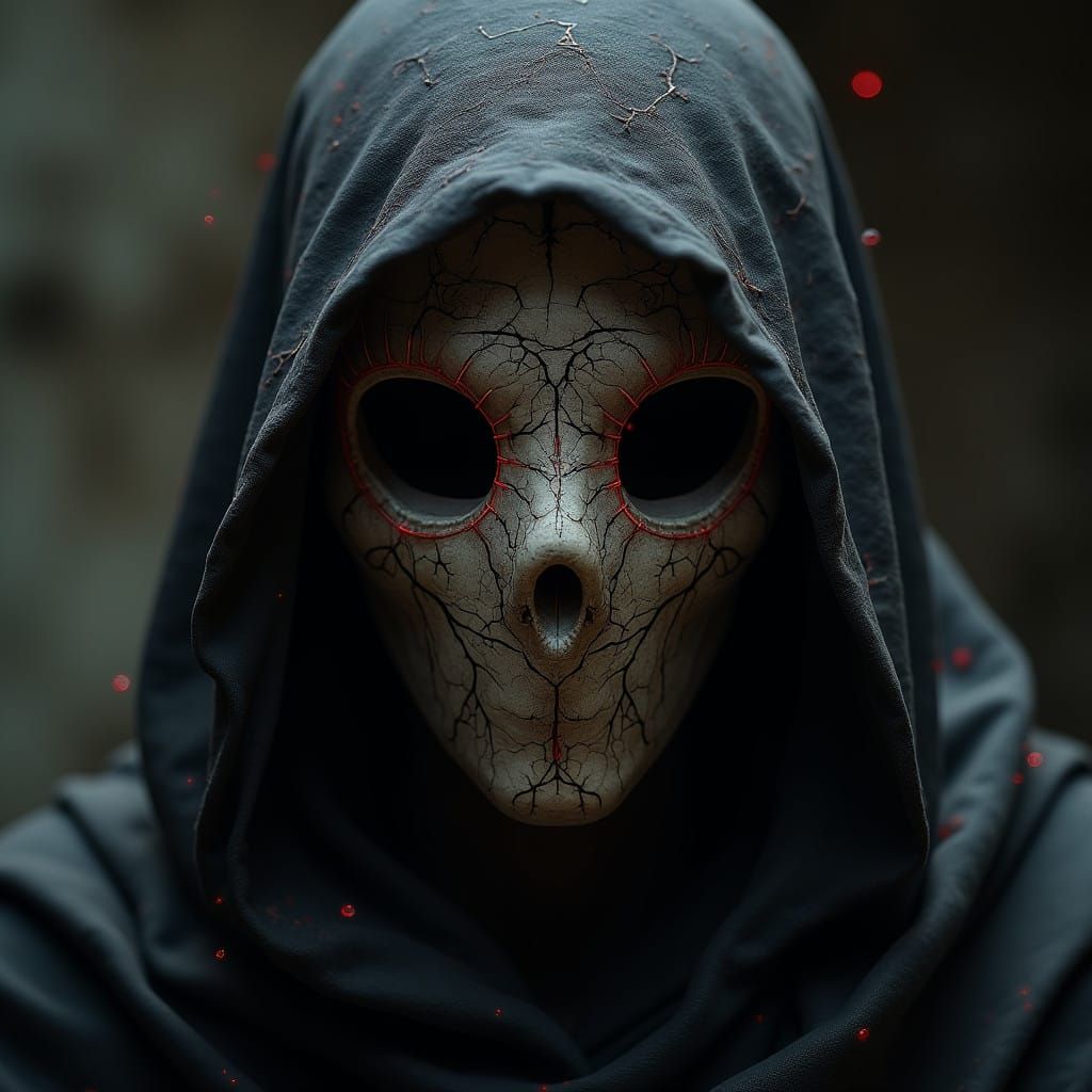 Mysterious Figure in Black Cloak with Ancient Stone Mask