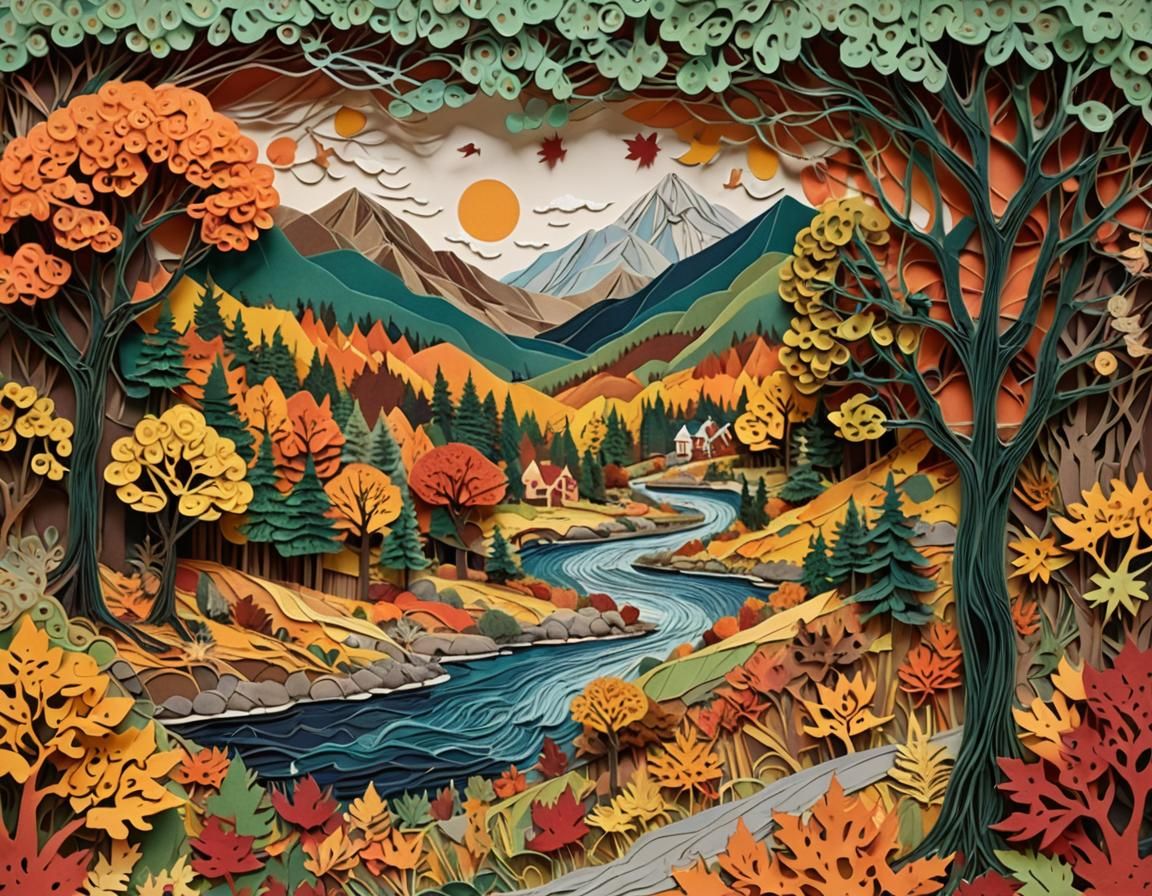 Paper Cutouts Fall Landscape: Collage Art  by @Strigoi77