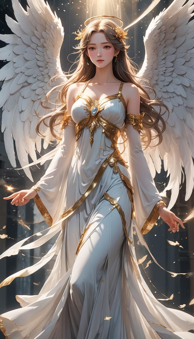 A beautiful, solitary angel exudes a heavenly allure. Her gr...