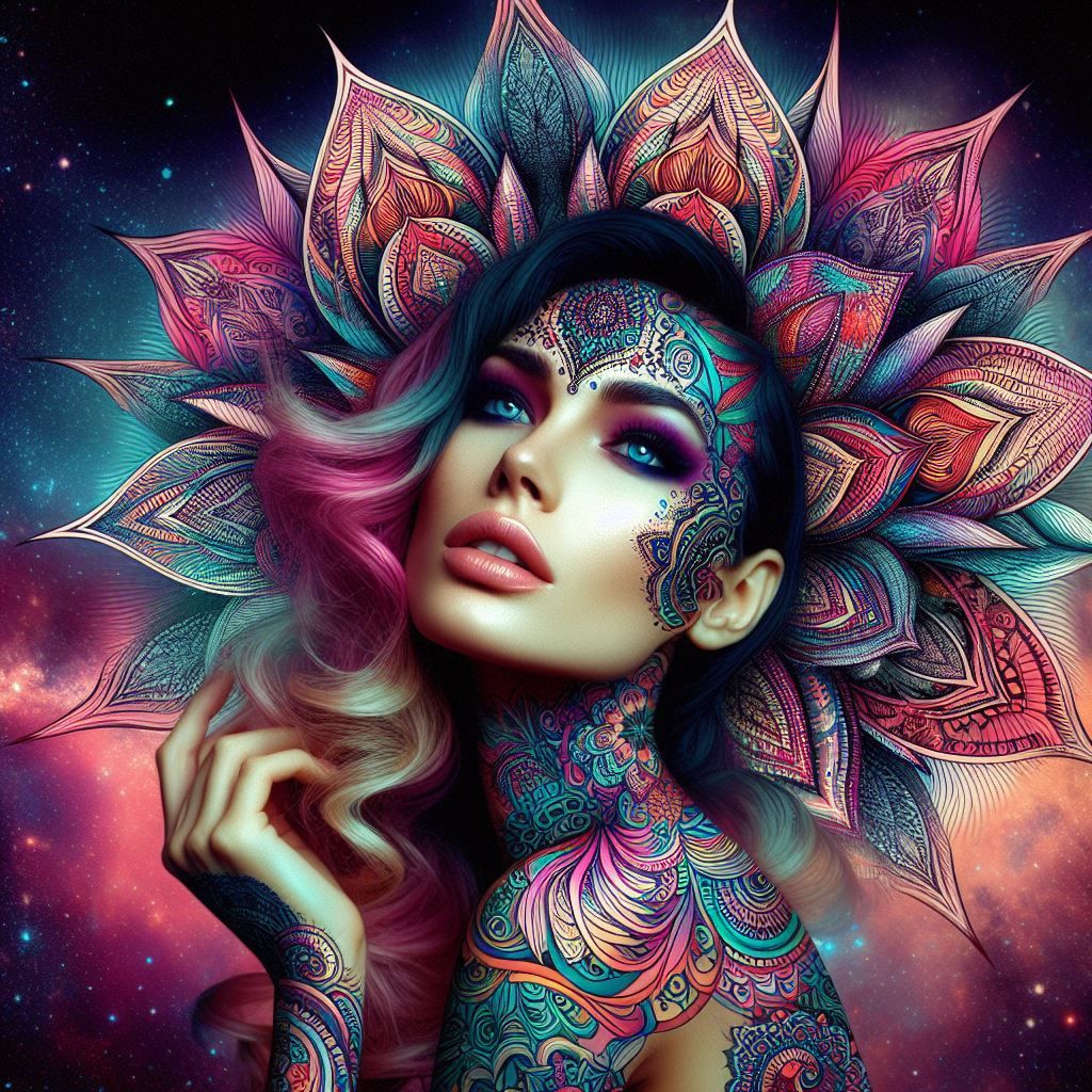 psychedelic zentangled tattooed pretty lady, professional photography, psychedelic colors, galaxy background