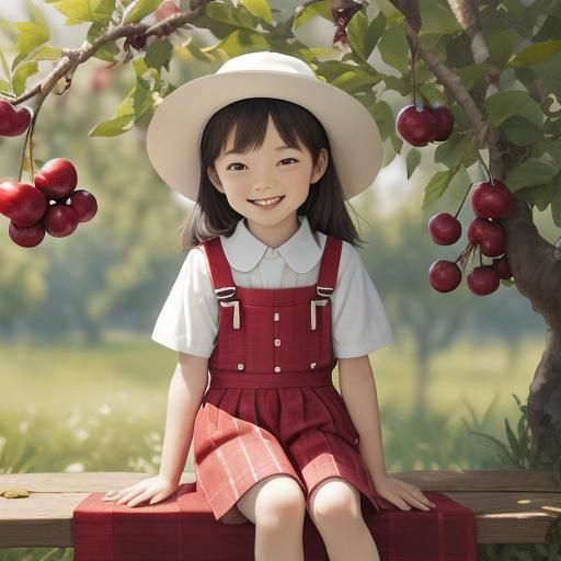 A cute happy kid with white hat, in red suspenders, sits in ...