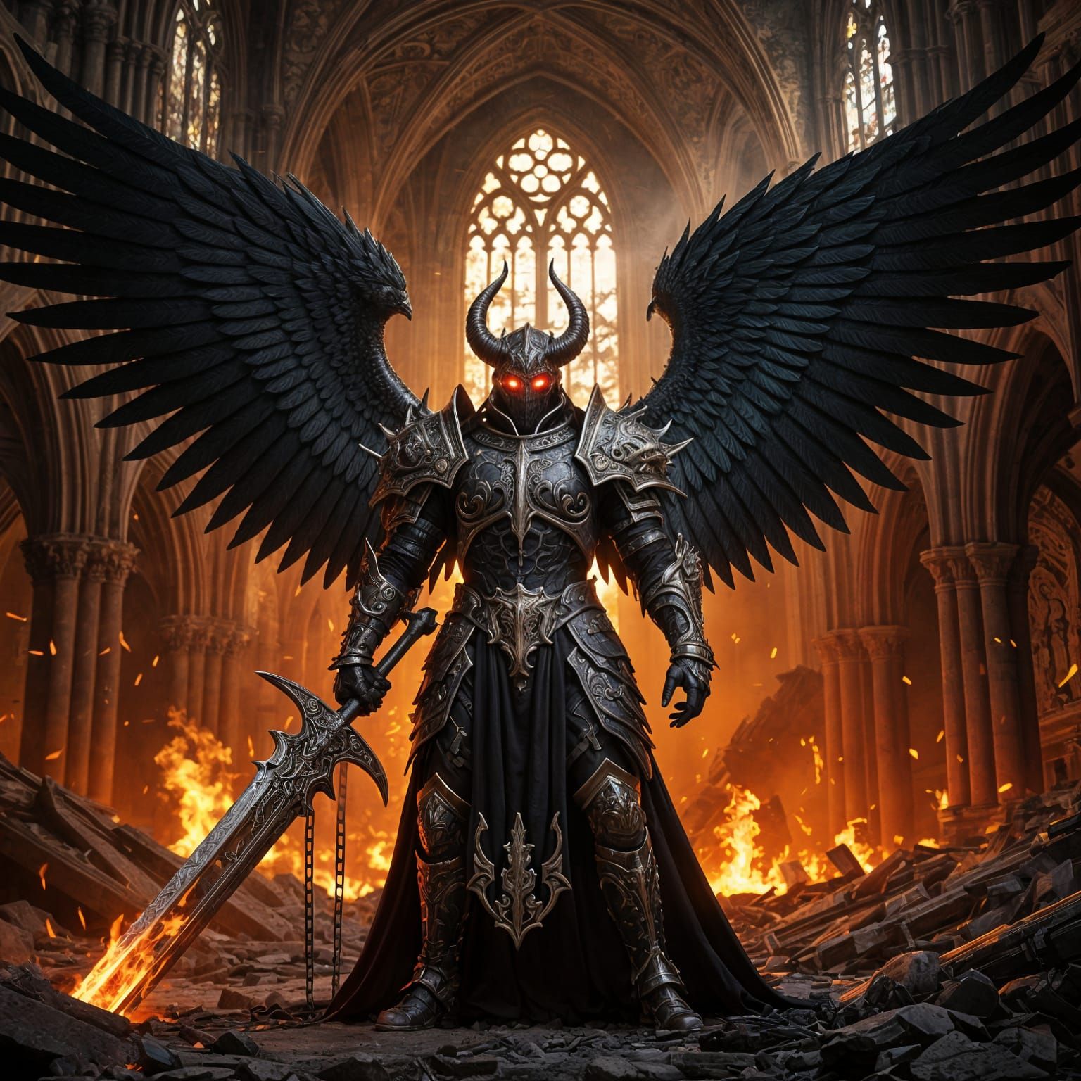 A hyper-detailed 8K UHD digital artwork of a towering fallen archangel warrior standing triumphant in a ruined gothic cathedral engulfed in ...