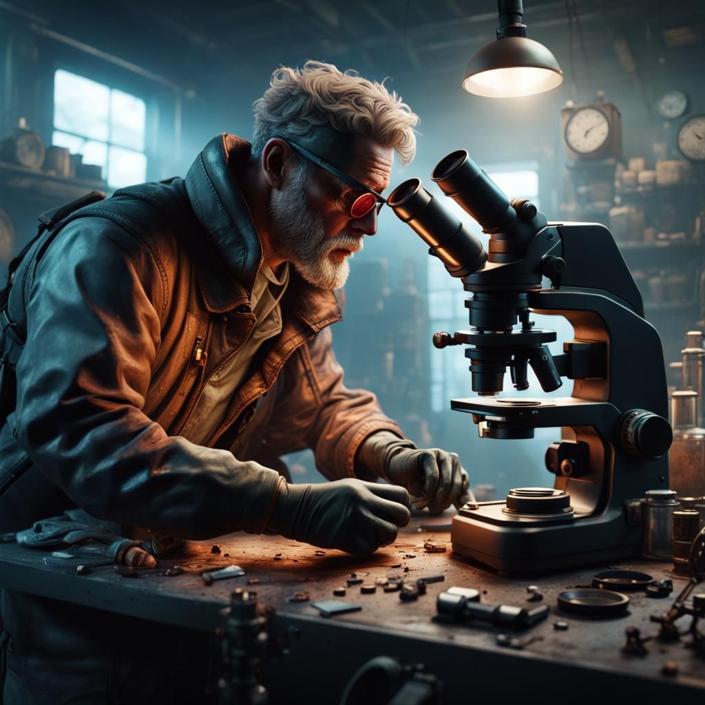 post apocalypse scientist looking into microscope at sample on slide ...