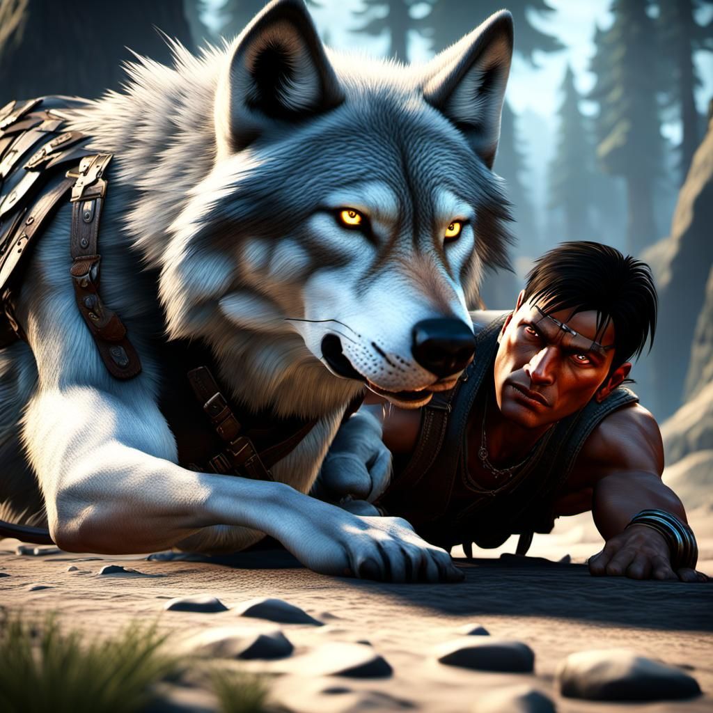 native American crawling with wolf hide over him, GeForce RTX, 2TB NVMe M.2 SSD, 6TB HDD ,unreal engine 5 ,128 bit graphics,flashes 24k reso...
