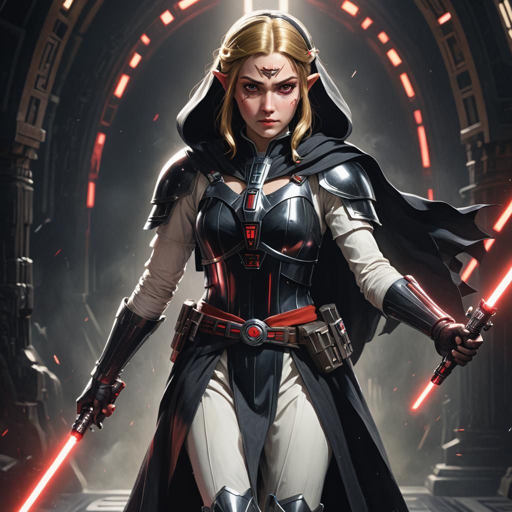 (full body), action shot, Princess Zelda as Darth Vader, Red lightsaber ...