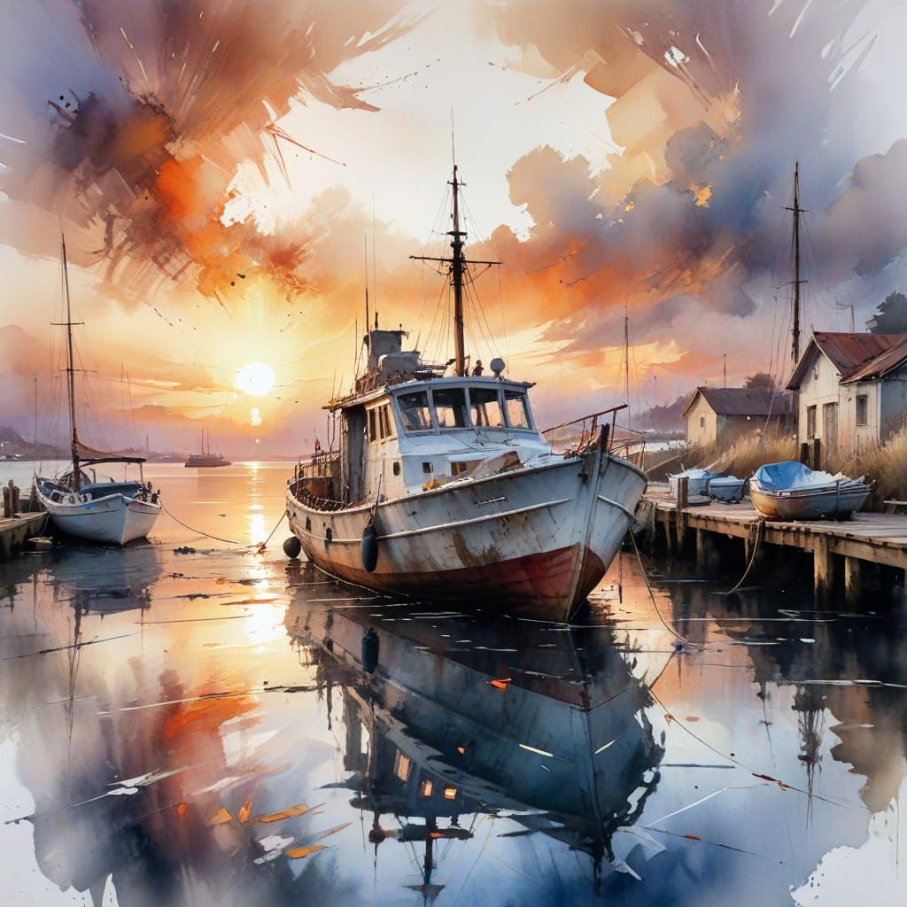 Old boat at dock at sunset  by @Kosh