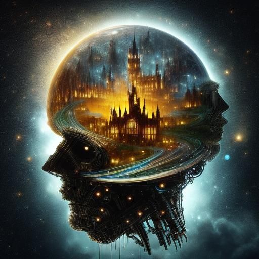 <lora:SD-WETA-FX:1.0> biomechanical aesthetic depicting a futuristic castle inside a colossal head, with a society residing within. The head...