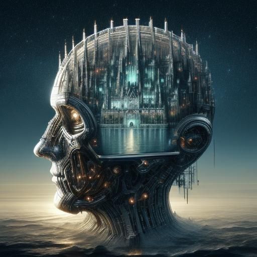 <lora:SD-WETA-FX:1.0> biomechanical aesthetic depicting a futuristic castle inside a colossal head, with a society residing within. The head...