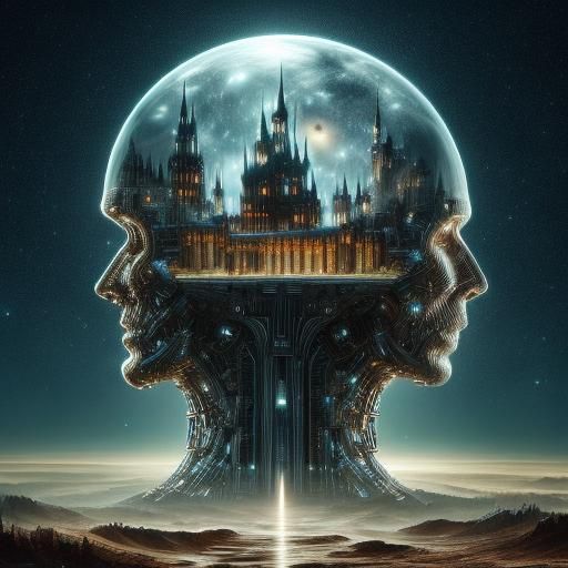 <lora:SD-WETA-FX:1.0> biomechanical aesthetic depicting a futuristic castle inside a colossal head, with a society residing within. The head...