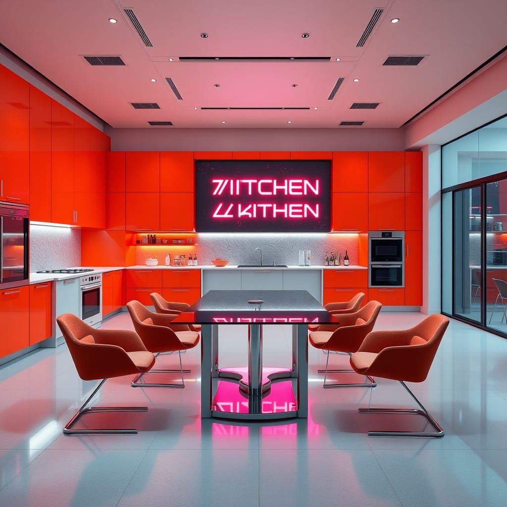 Modern Futuristic Kitchen with Orange Cabinets and... - AI Art