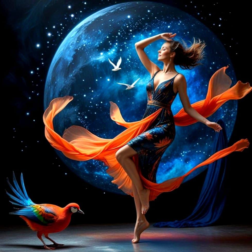 Elegant Lady Dances Under Starry Cosmos