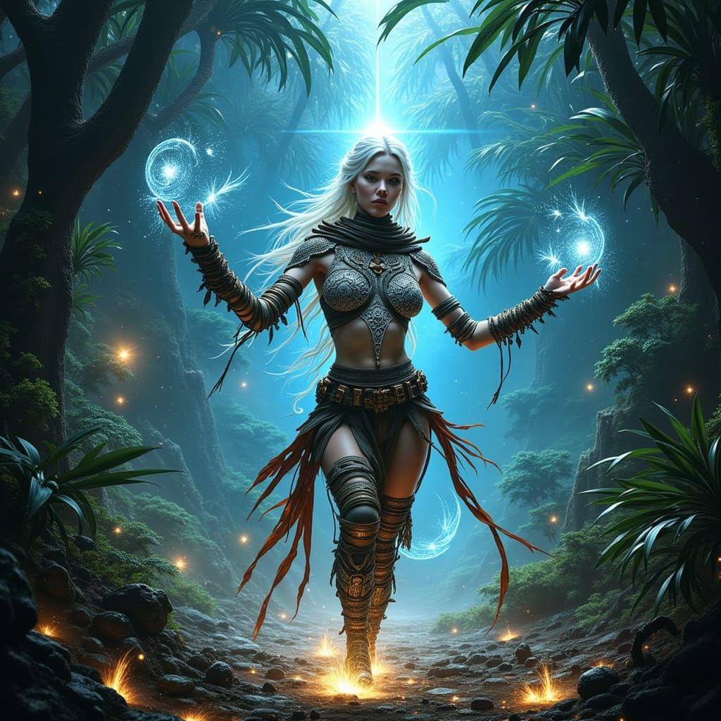 <lora:Cosmic Space Flux:1.0> A powerful white female warrior, adorned with intricate, bioluminescent tribal markings, performs a ritualistic...