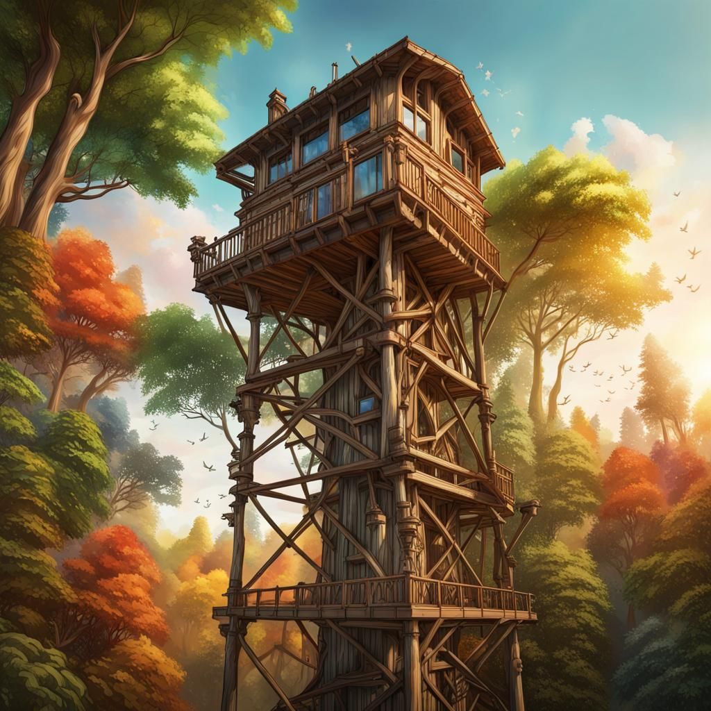 Gigantic wooden stilted forest lookout tower home, rising above trees ...