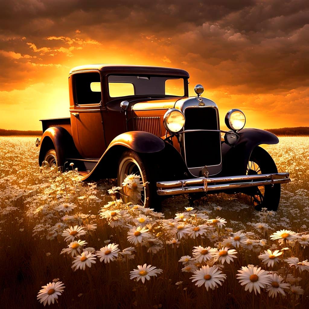 Rusty Abandoned Pickup in Daisy Field at Sunset