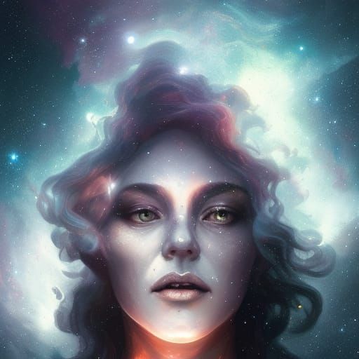 woman's face appearing as the universe itself with nebulae stars galaxies