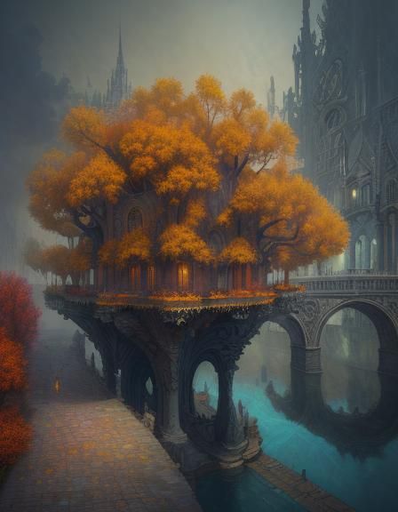 Daytime, cityscape, fantasy city, architecture art, canal network, bridges over blood, avenues of trees, Tamarisk trees detailed matte paint...