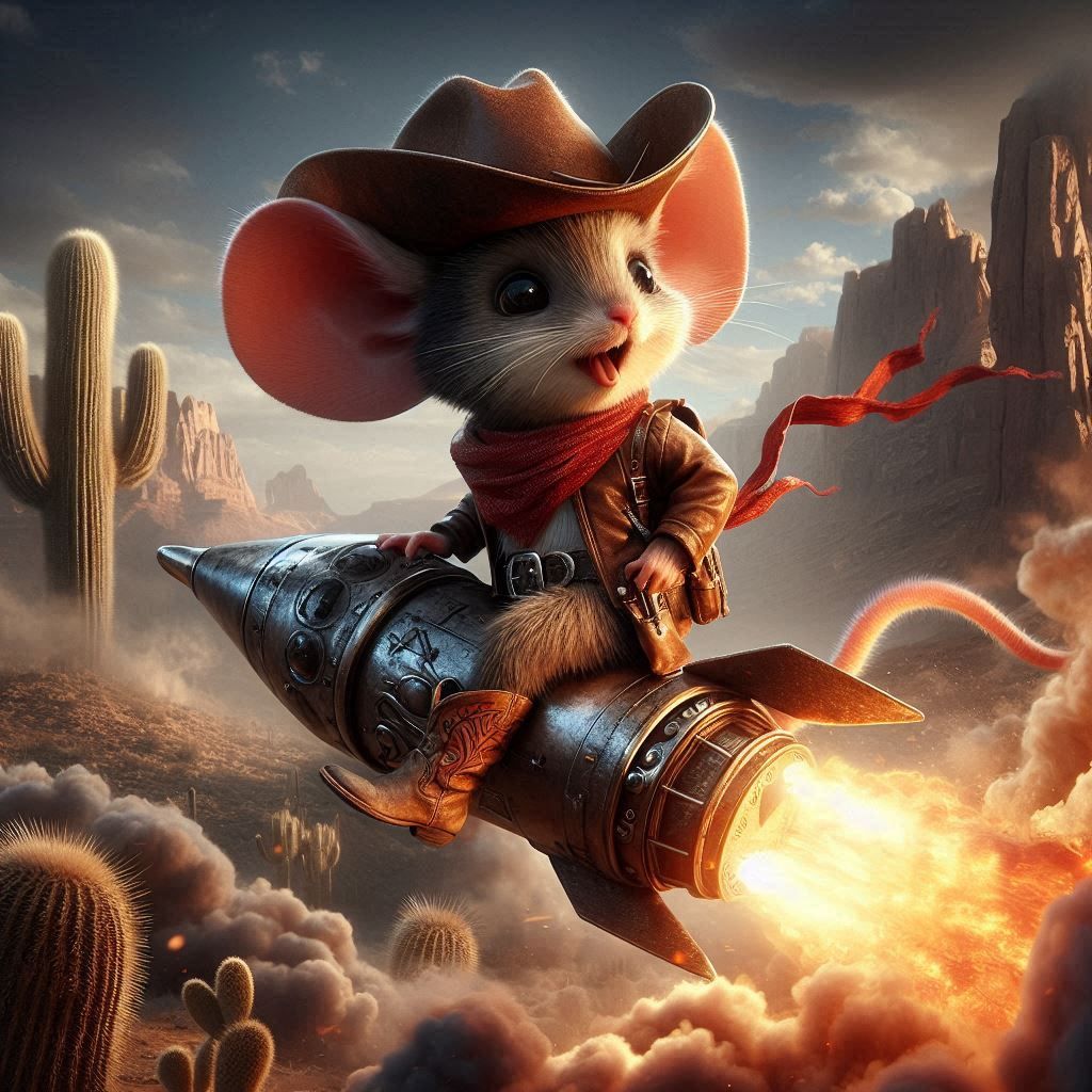 Cowboy Mouse riding rocket