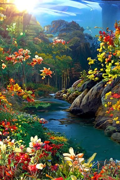 A beautiful painting of a river full of clear cystal deep blue transparent gurgling water, the river is in a native Cana...