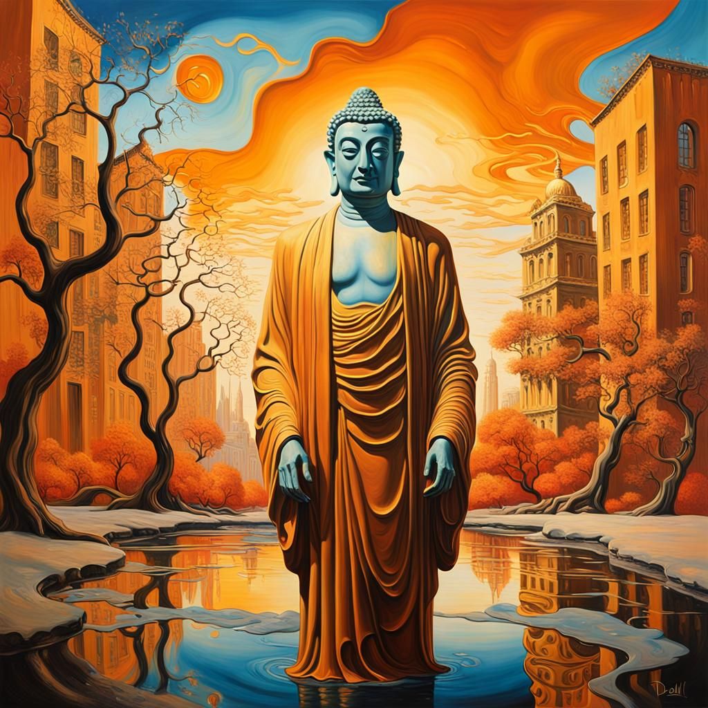 Buddha in Melting Cityscape, a Surreal Oil Painting