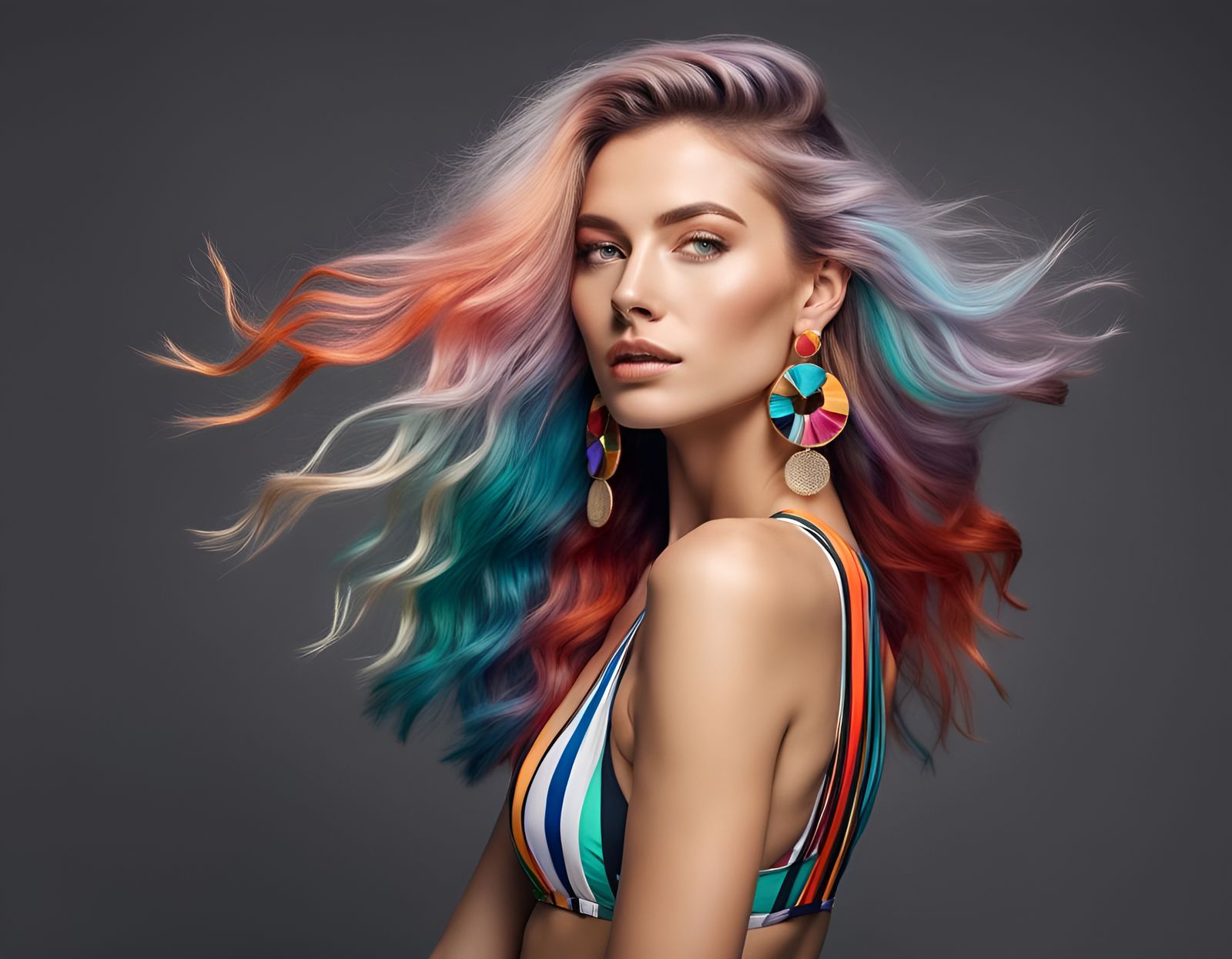 young Woman on background with various colors with random ha...