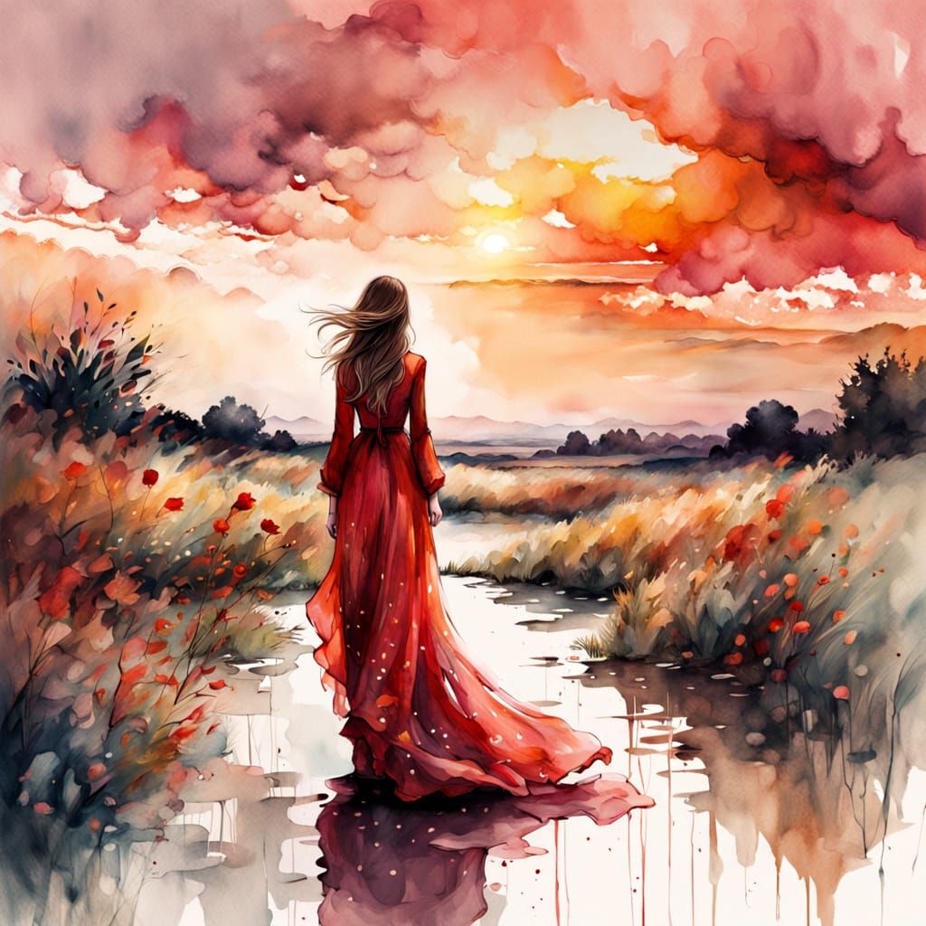  A summer sunset landscape with a woman in a red dress ...  by @KrystofM75