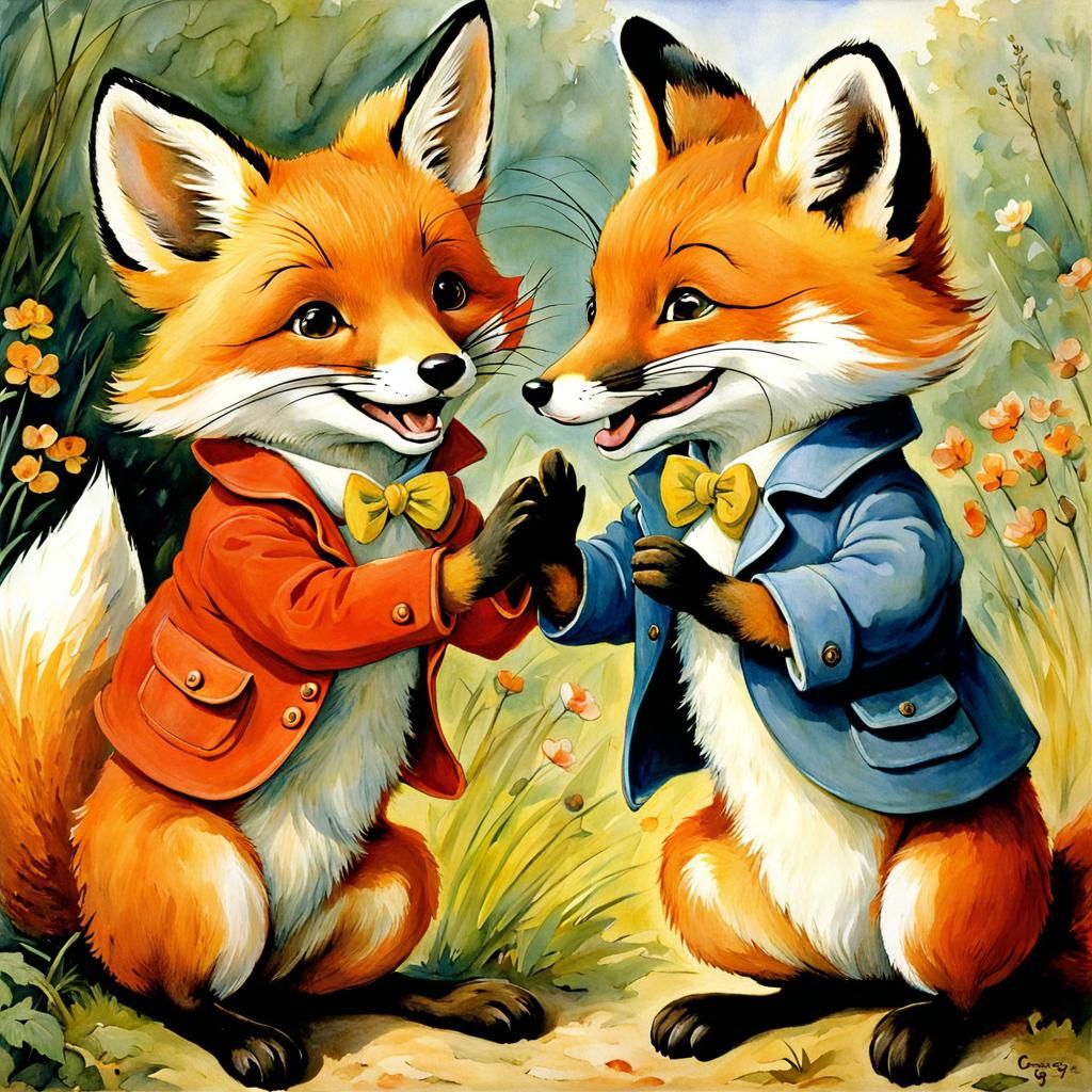 painting of two happy fox-friends doing a high-five by Beatrix Potter ...