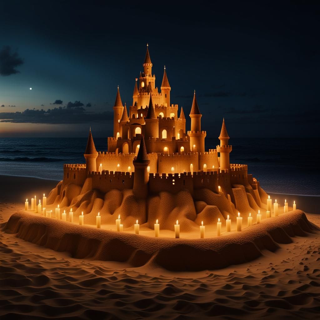 A night scene of a glowing huge sandcastle lit up by small candles or lanterns, with the ocean in the ...  by @Nunki