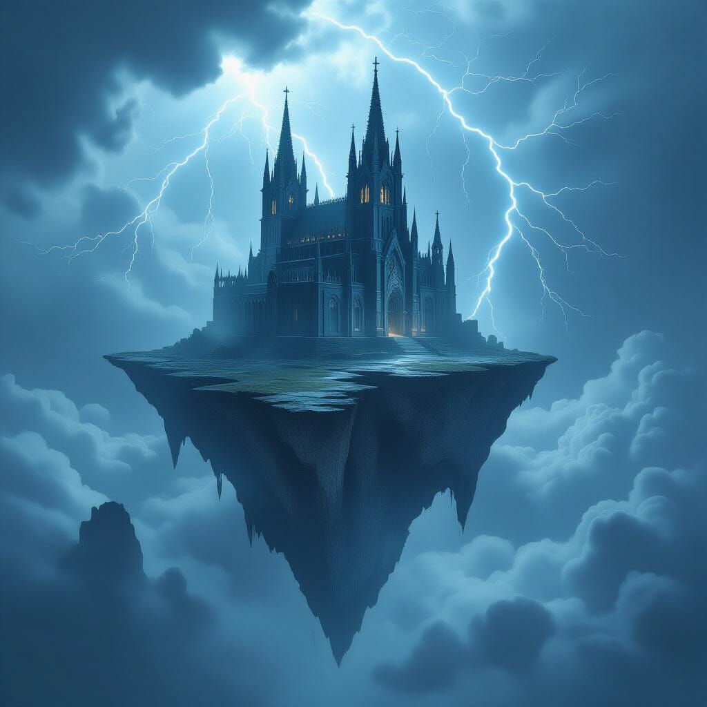 An abandoned, gothic cathedral perched precariously on a solitary, jagged floating island, surrounded by a turbulent, stormy sky. Lightning ...