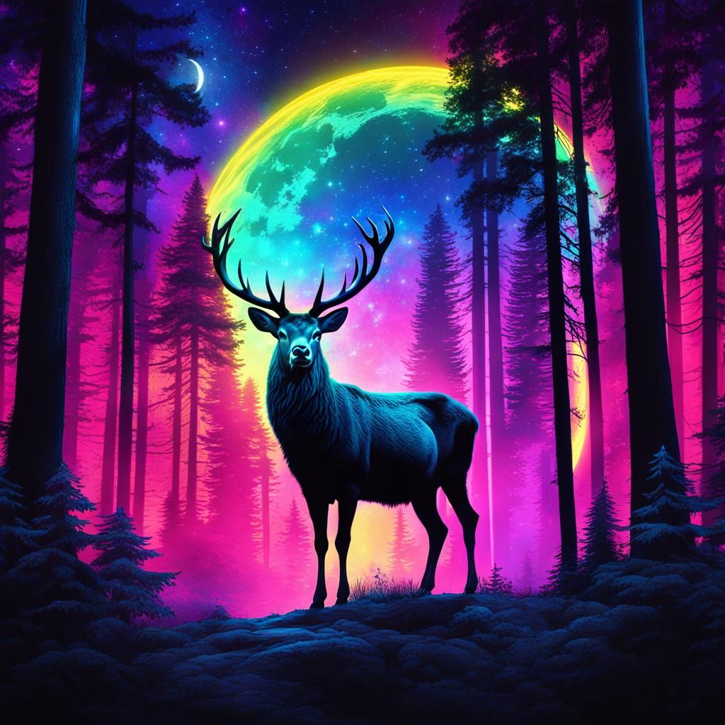 Stag standing proud in the magical neon lights - AI Generated Artwork ...