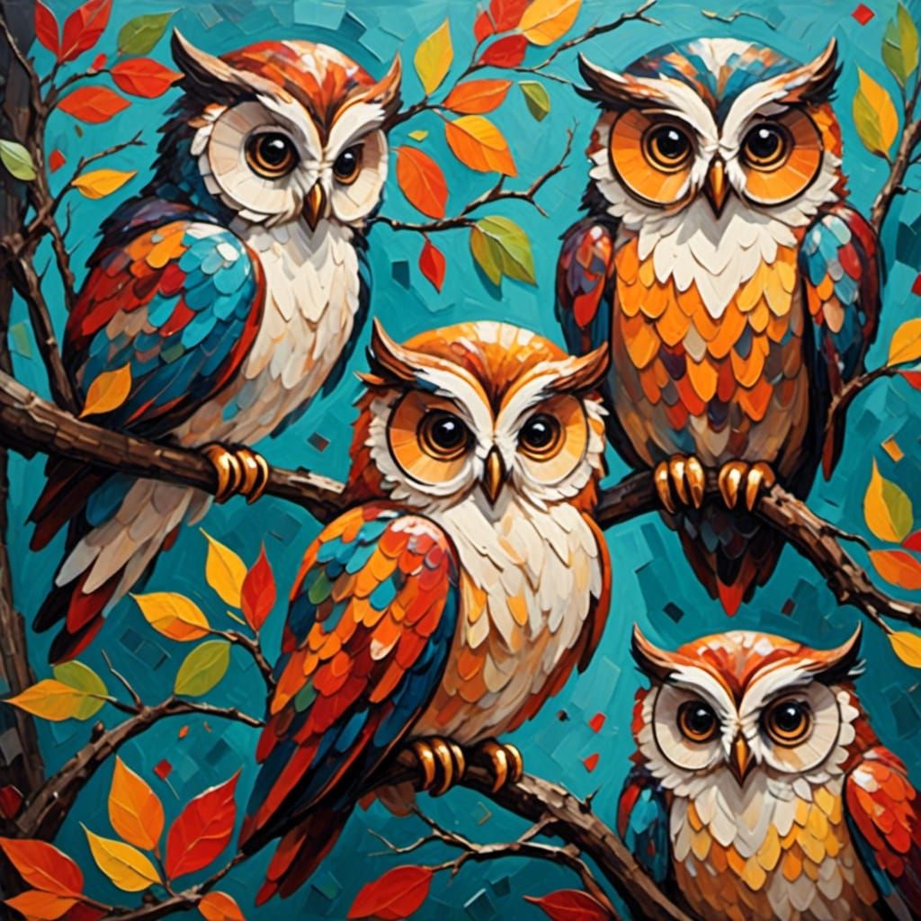 3 cute colorful fluffy owls sitting on a branch. <lora:Stellar Brews:1.0> 
