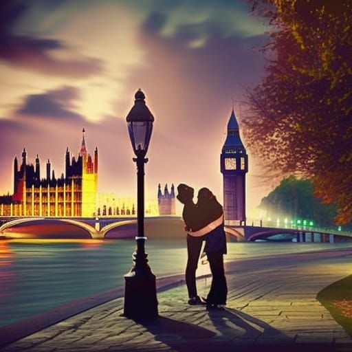 A path by the river in the city. A male proposing to a woman...