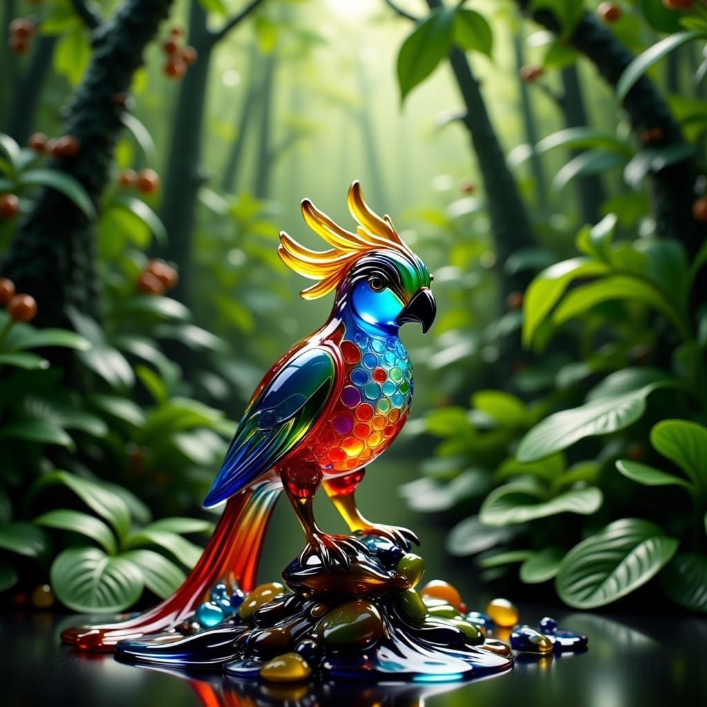 a colorful intricately detailed glass parrot in a lush green rainforest <lora:Smooth Statues:1.0> 