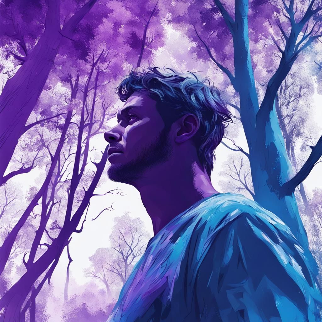forest and tree blue and white background, man purple