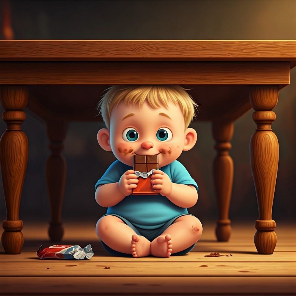 Mischief-Struck Boy Devours Chocolate in Whimsical 3D Style