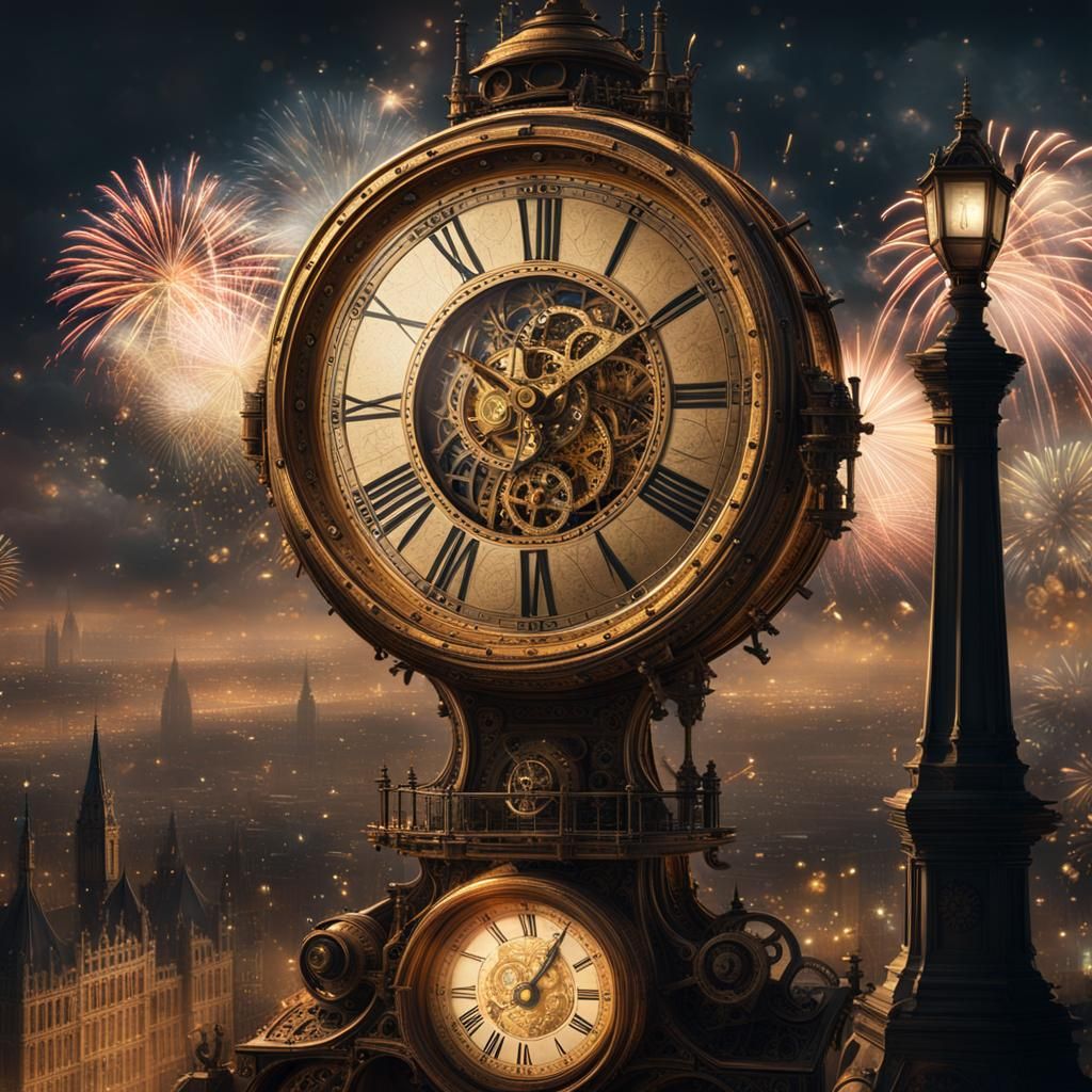 Golden Steampunk clock pointing to 12 o'clock, fireworks in background illuminating 19th century London ...  by @xtough 