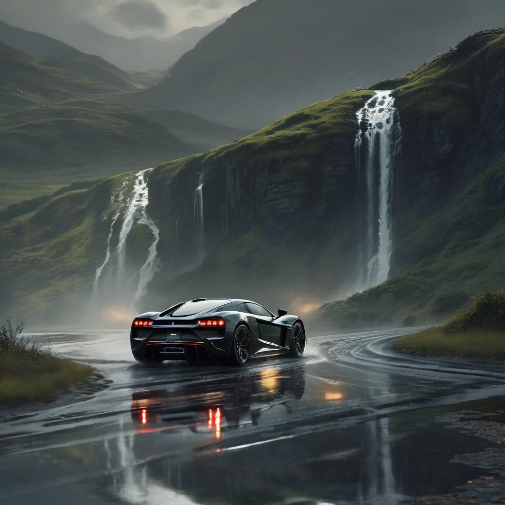 Supercar in Rain: Dark Fantasy Art in Art Nouveau Style