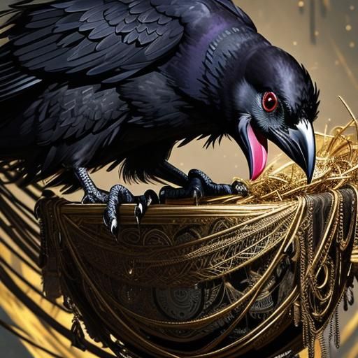 (Raven bird:1.2) making its (nest bird:1.1) with shiny gold and silver ...