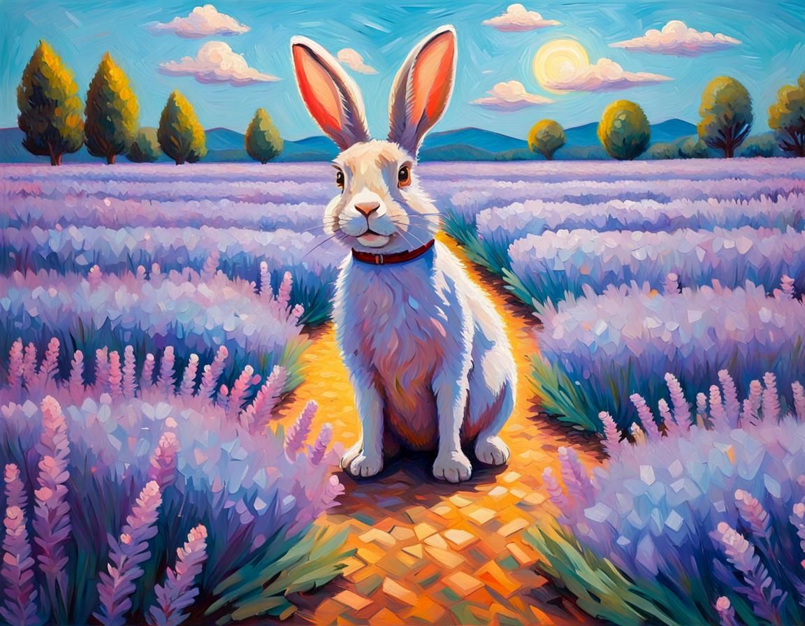 Rabbit in lavender field | neo-impressionism expressionist pastel ...