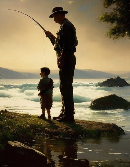 Learning to fish with dad  by @possom2009