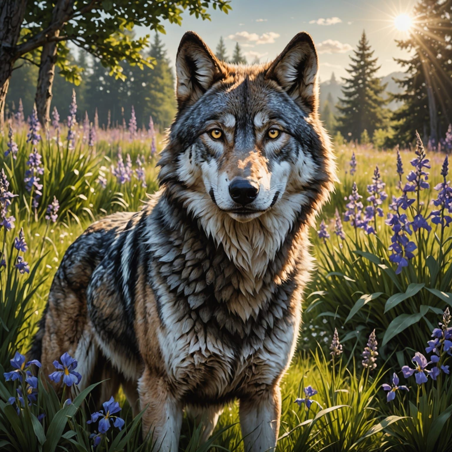 A wolf staring at the viewer alertly, the background is a great plane of grass with some sparsely placed ...  by @Vaynedragon