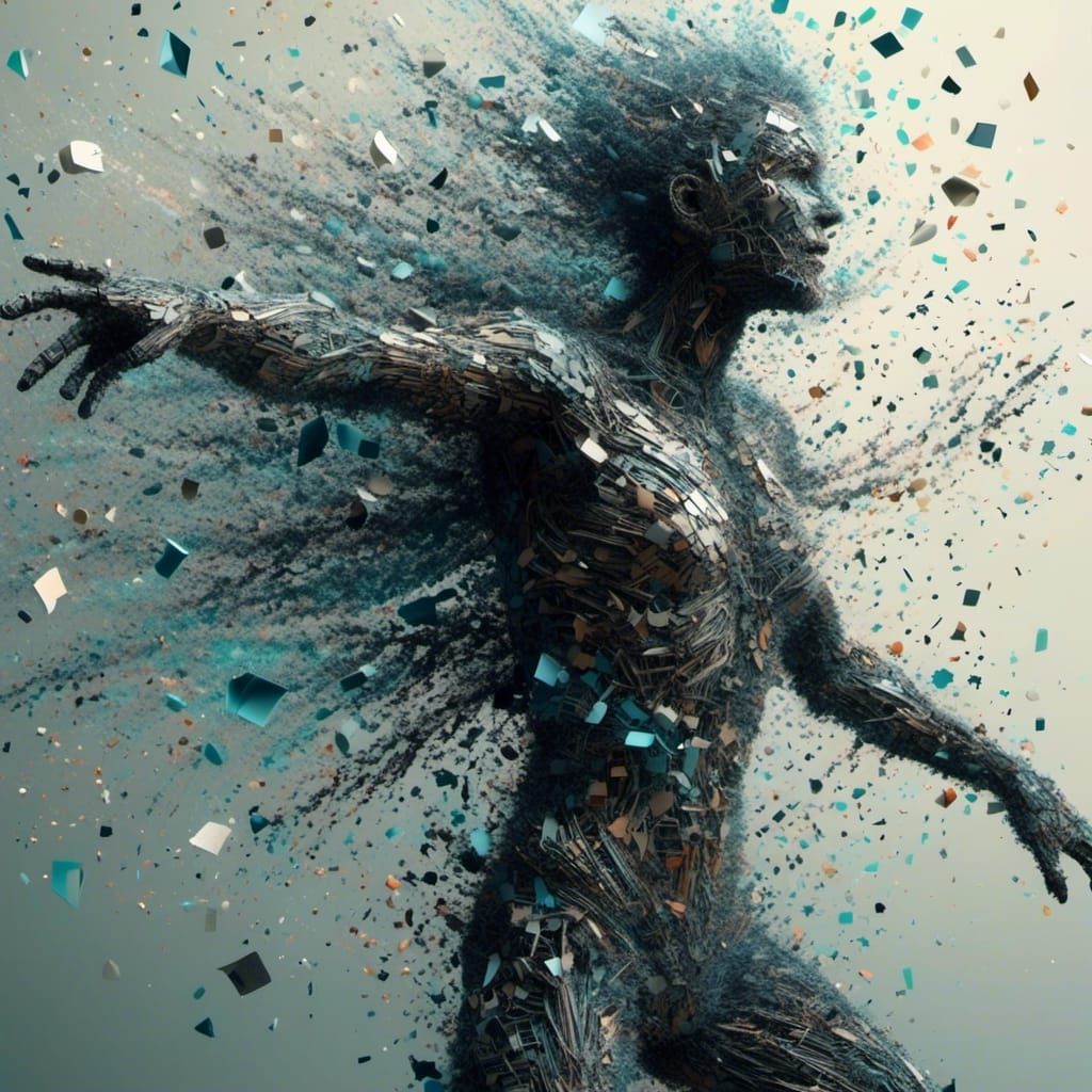 <lora:Cubist-Dust:1.0> Astrodimensional bioluminescent man, disintegrating into starlight and Holographic particulate trails of wispy smoke...