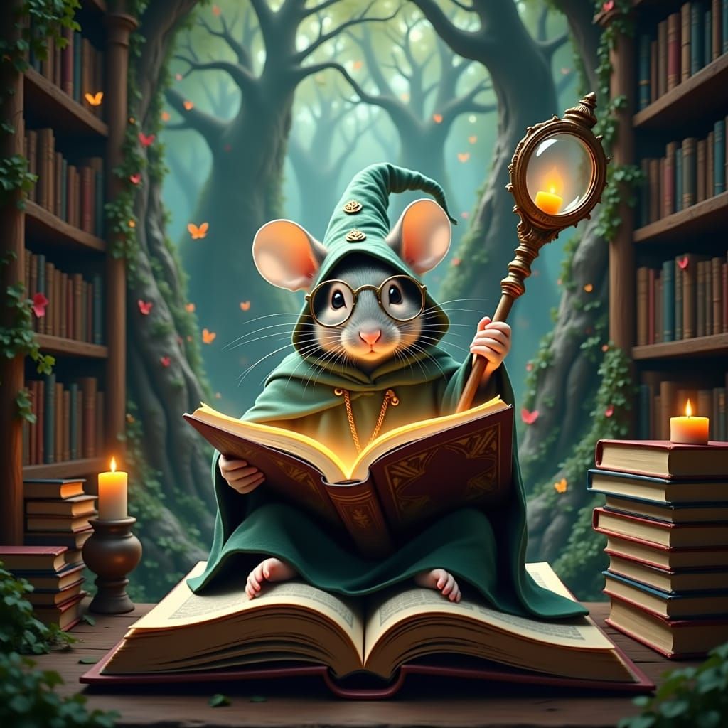 A Mouse Transforms into Gandalf in a Whimsical Reading Nook