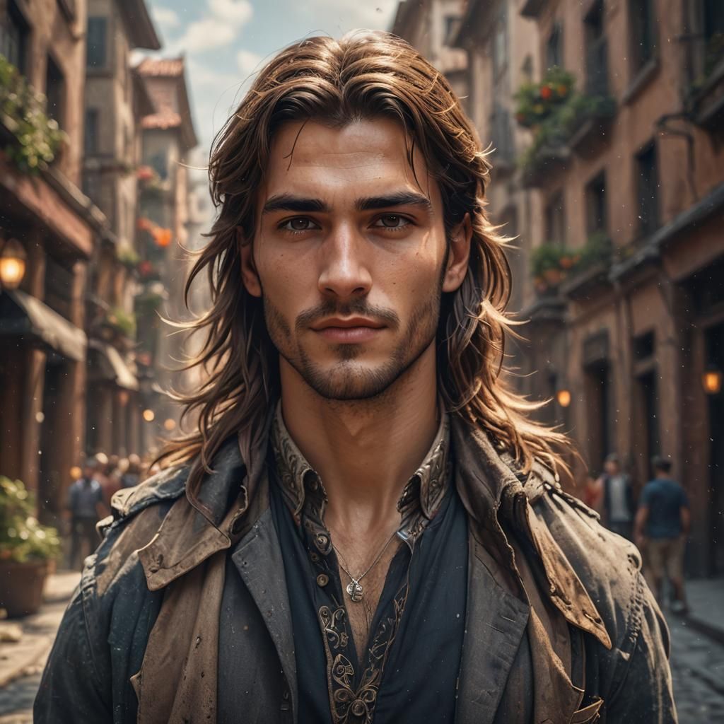 a handsome male model headshot. He has long brown hair and b...