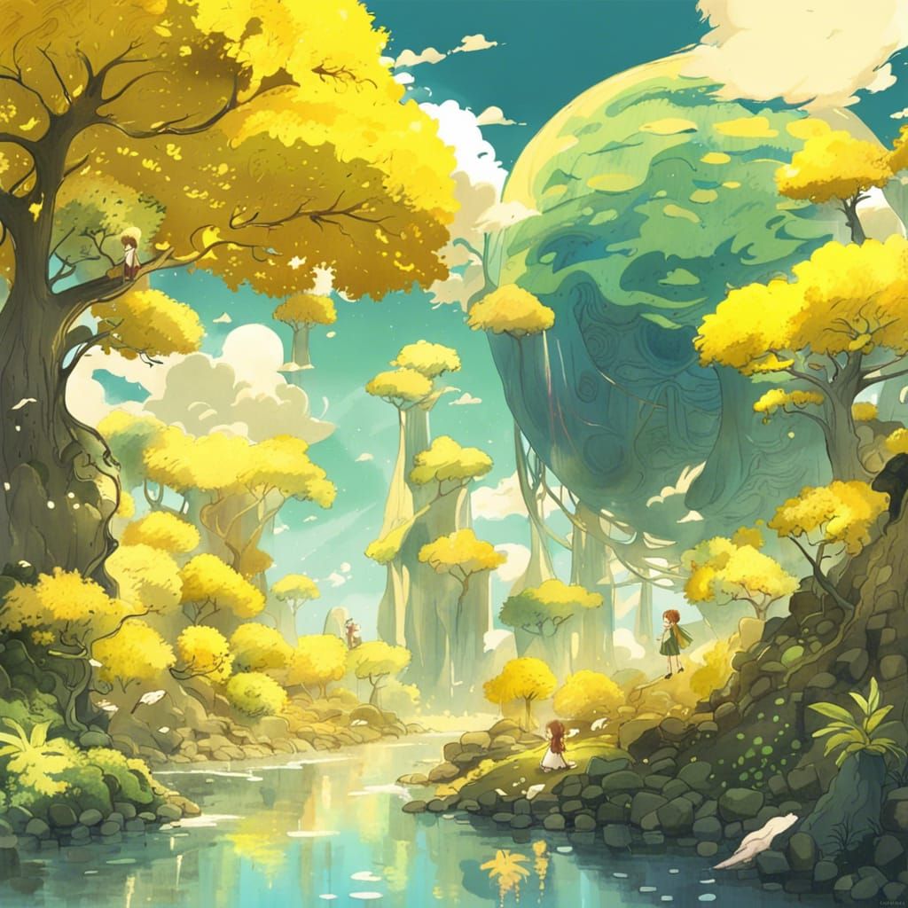 Yellow Planet with visible trees and a river, with flaing fa...