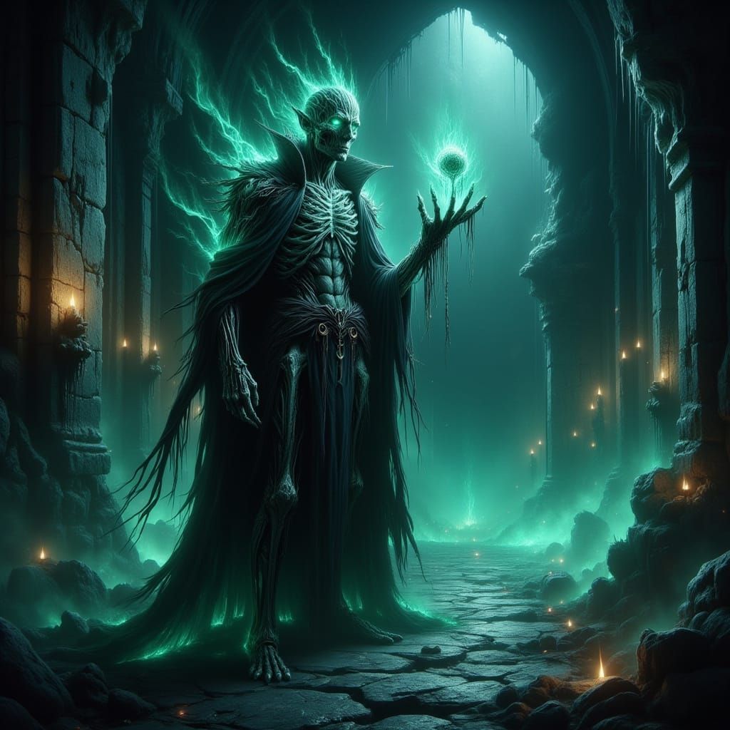 <lora:-Omnious-:1.0> a haunting, highly detailed depiction of a lich necromancer sorcerer, the epitome of undead arcane mastery, standing in...