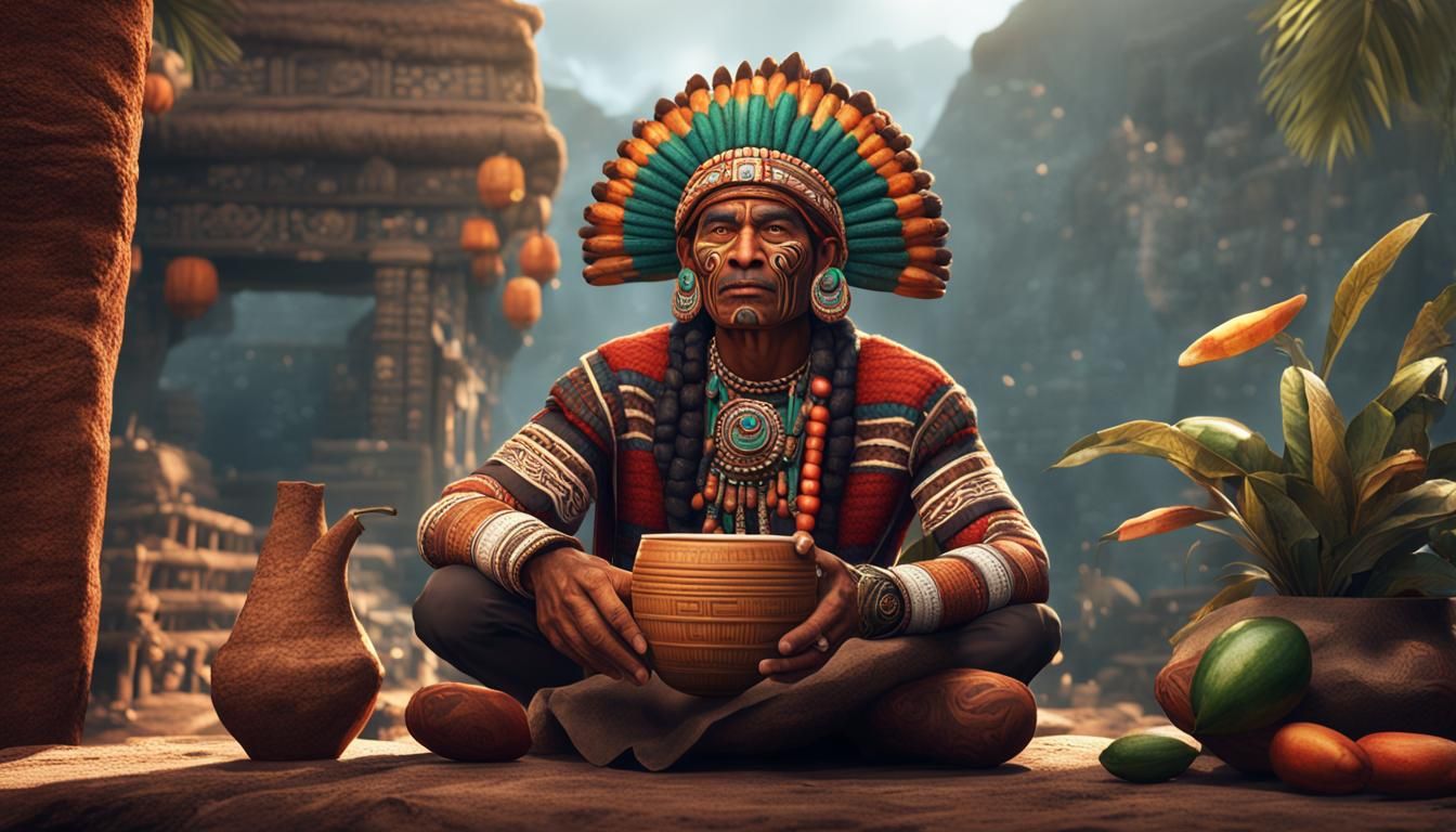 Realistic aztec man wearing traditional clothes with a cocoa...