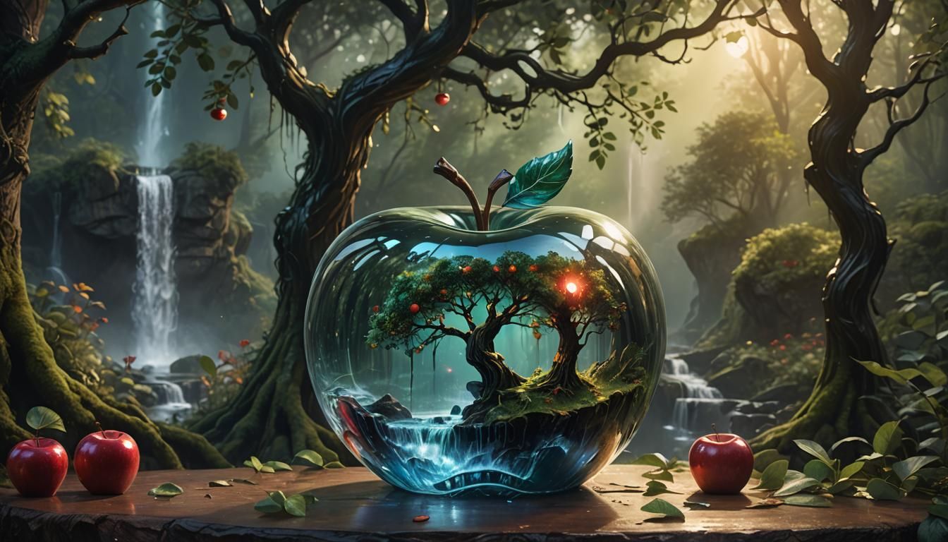 A shiny glass apple with a lovely enchanted forest inside it with trees and a waterfall.  Outside of ...  by @Kartik Gada