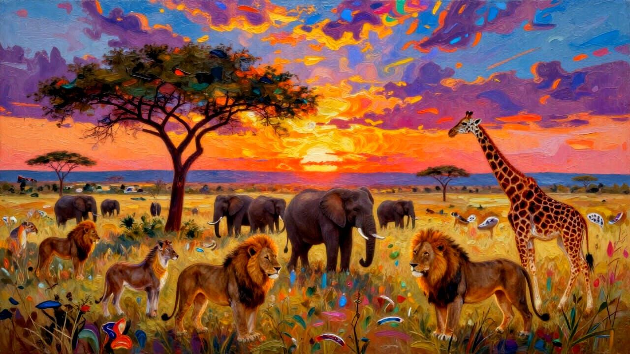 Vibrant Savannah Sunset with Majestic Wildlife in Impasto St...