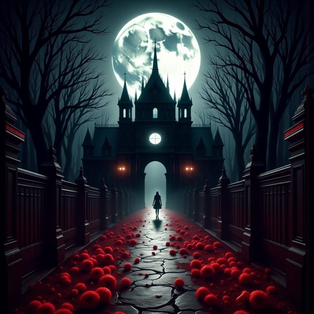 the perilious way to the vampire's castle is lined with blood-flowers, dark, sinister, macabre <lora:Horror3Flux:1.0> 